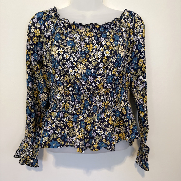 Patrons of Peace Tops - Patrons of Peace Women Medium Blouse Navy Floral Peplum Long Sleeve Peasant NWOT